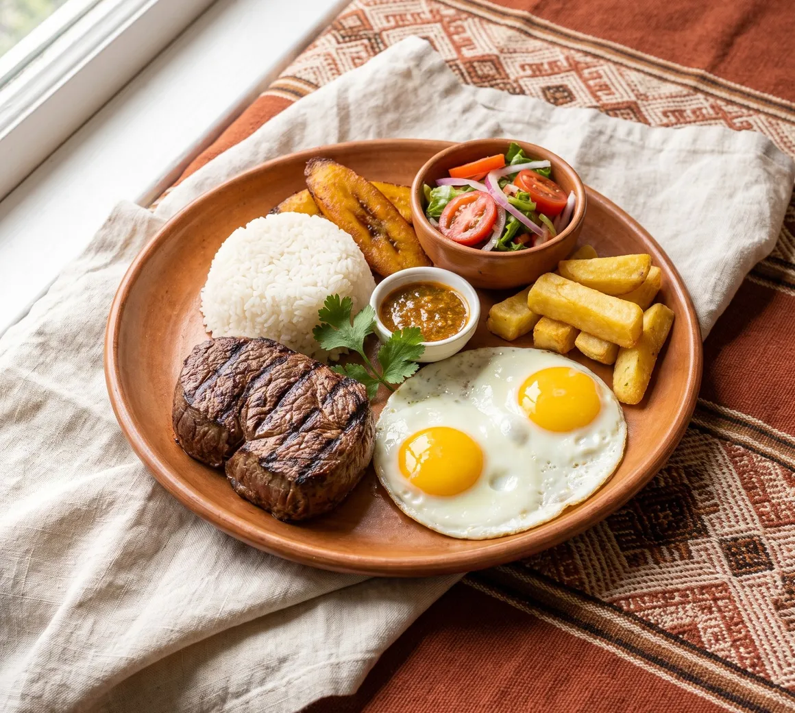 Plato de lomo con huevos, papas nativas y ensalada
