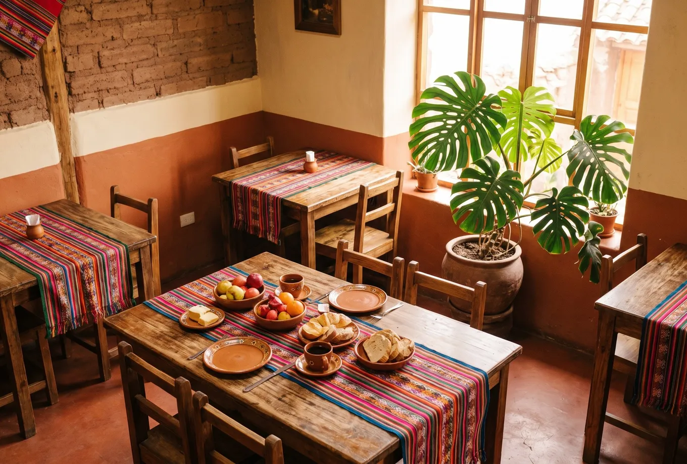 Salón de Aguacate: mesas de madera con textiles andinos y muros de adobe